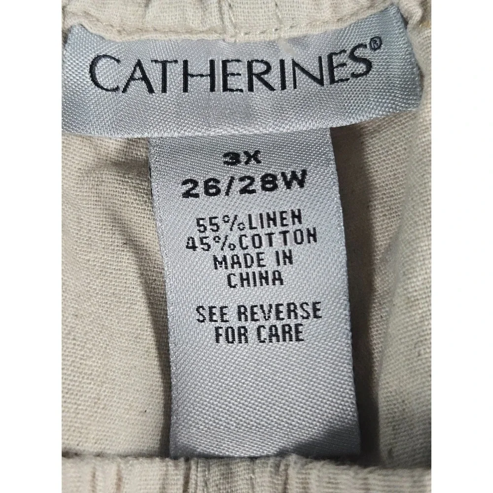 Catherines Womens 3X 26/28W Linen Blend Crop Pants Beige Pull On‎ Elastic Waist